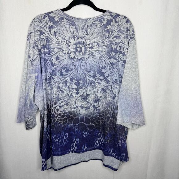 CATHERINE'S / blue ombre mixed media floral cheetah printed 3/4 sleeve tee / 3X - Picture 2 of 7